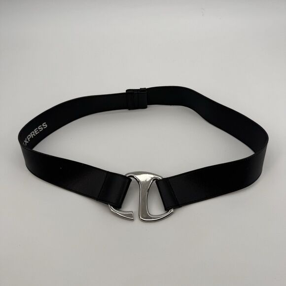 Express Accessories - Express Black Leather Silver Chunky Belt One Size Fits Most Boho Classic Waist